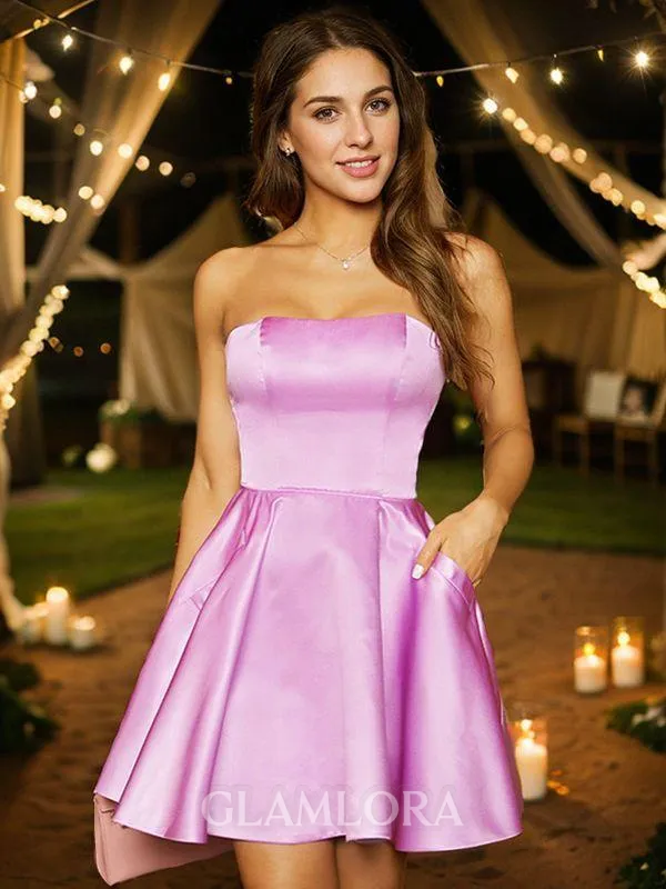 A-line Strapless Elegant Sleeveless Short/Mini Satin Homecoming Dresses