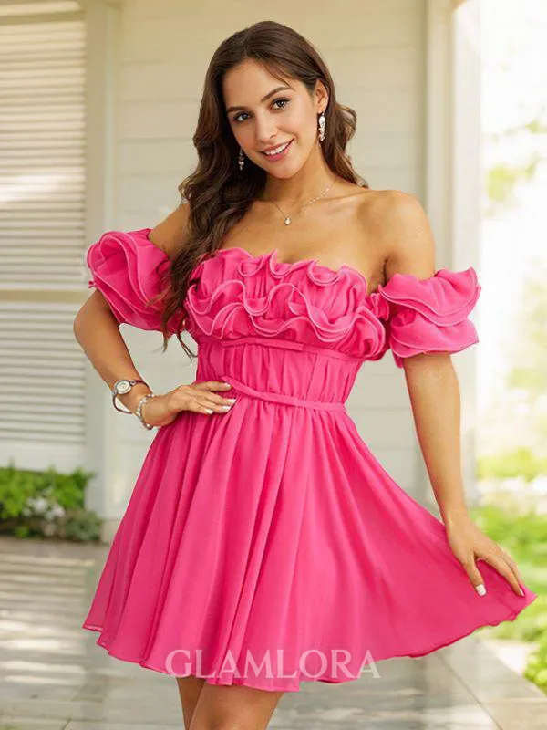 A-line Off-the-Shoulder Refined Short Sleeves Short/Mini Chiffon Homecoming Dresses