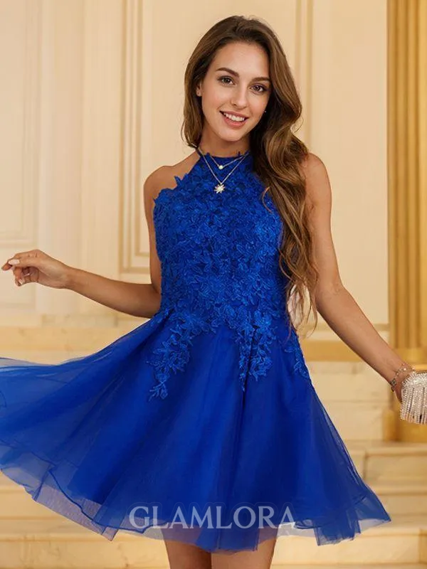 A-line Halter Feminine Sleeveless Short/Mini Tulle Homecoming Dresses