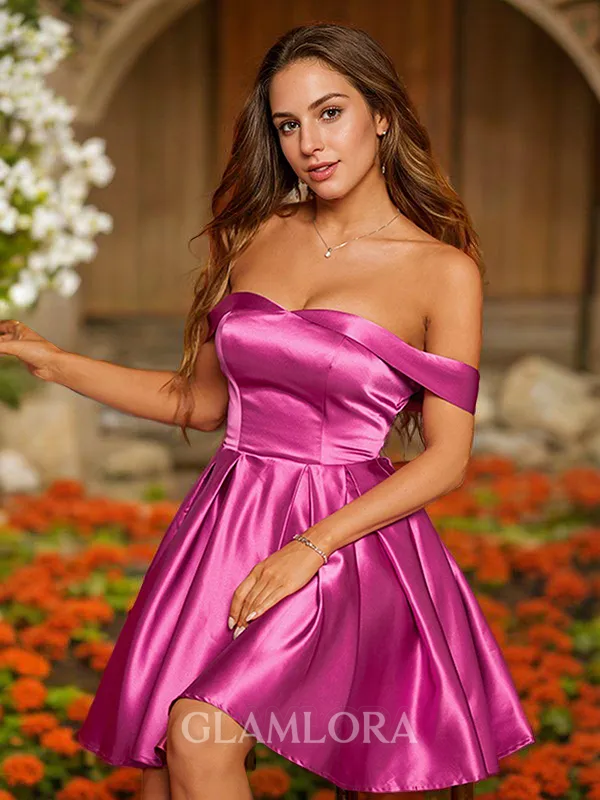 A-line Off-the-Shoulder Perfect Sleeveless Short/Mini Satin Homecoming Dresses