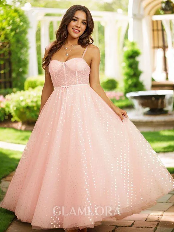 A-line Spaghetti Straps Unique Sleeveless Ankle-Length Homecoming Dresses