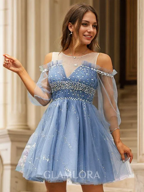 A-line Scoop Balanced 3/4 Sleeves Short/Mini Homecoming Dresses