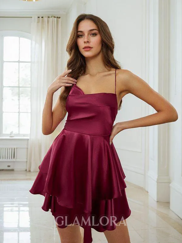 A-line Charming Spaghetti Straps Silk Like Satin Short/Mini Homecoming Dress With Cascading Ruffles