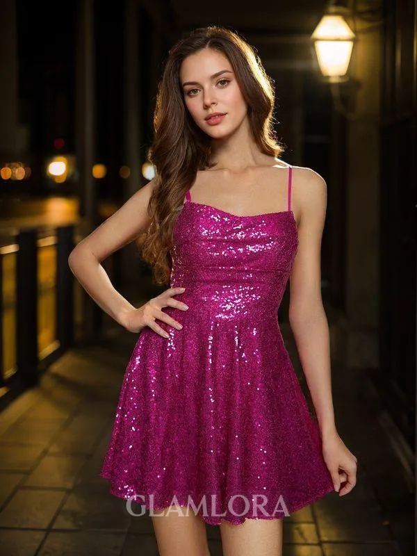 Stunning A-line Spaghetti Straps Sequins Short/Mini Homecoming Dress With Pleated