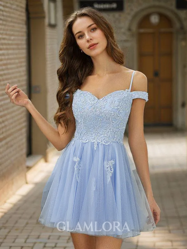 A-line Glam Off-the-Shoulder Tulle Short/Mini Homecoming Dress With Appliques Lace