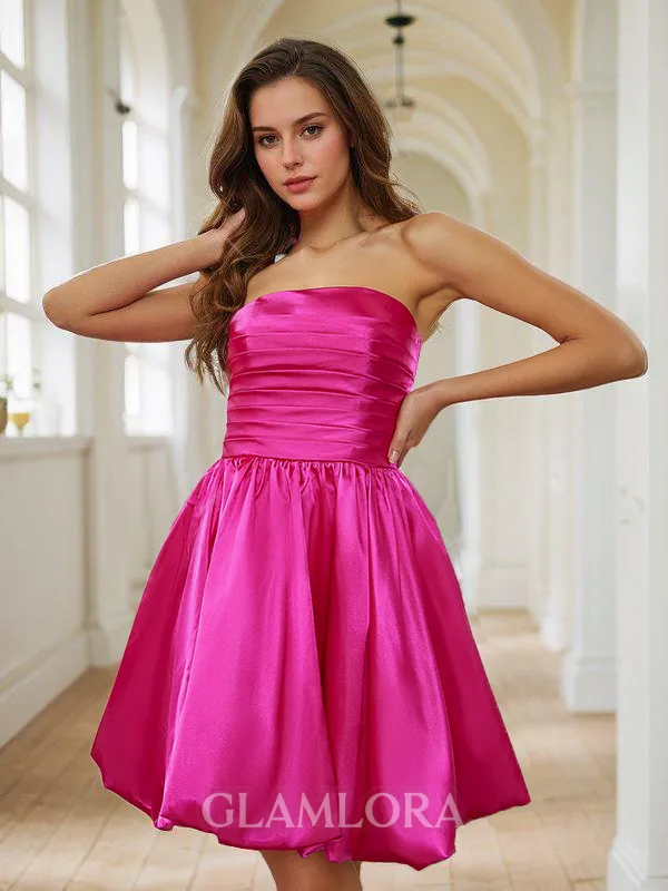 A-line Pretty Strapless Silk like Satin Short/Mini Homecoming Dress With Pleated