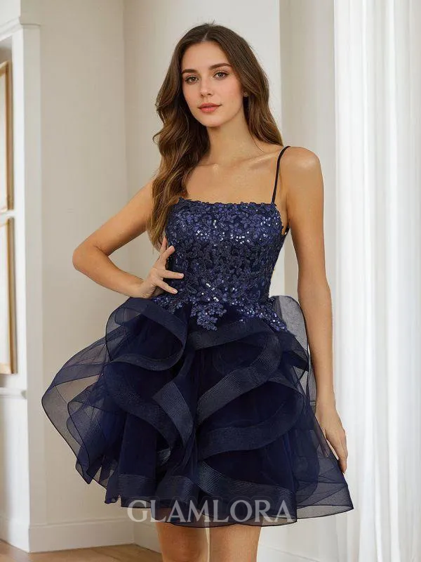 A-line Charming Spaghetti Straps Tulle Short/Mini Homecoming Dress With Cascading Ruffles