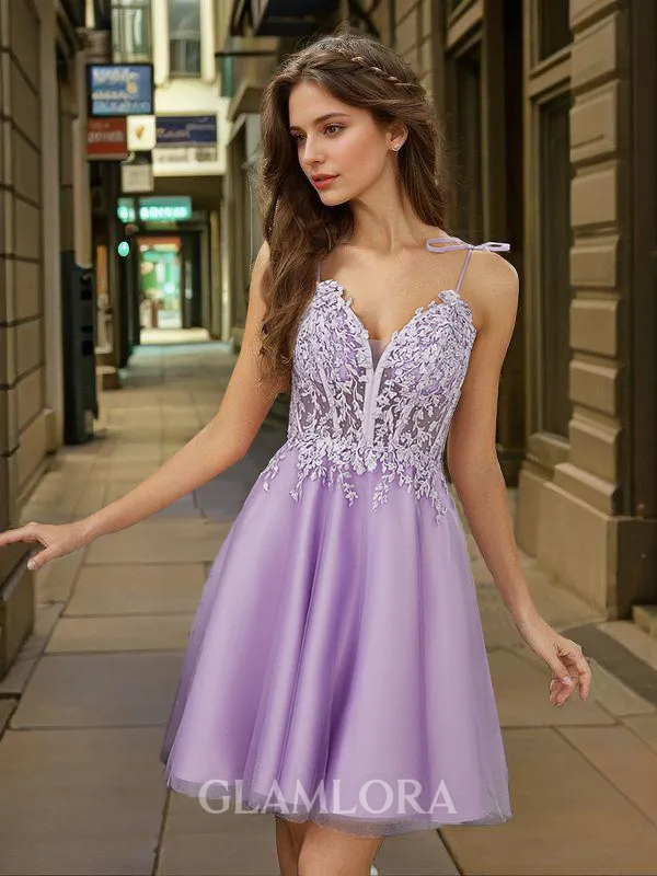 Classy A-line Spaghetti Straps Tulle Corset Short/Mini Homecoming Dress With Appliques Lace