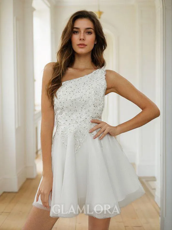 A-line Flattering One-Shoulder Tulle Short/Mini Homecoming Dress With Appliques Lace
