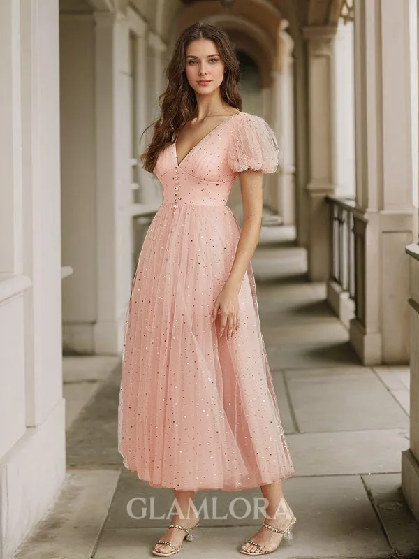 A-line Classic V-neck Short Sleeves Tulle Tea-Length Homecoming Dress With Slit