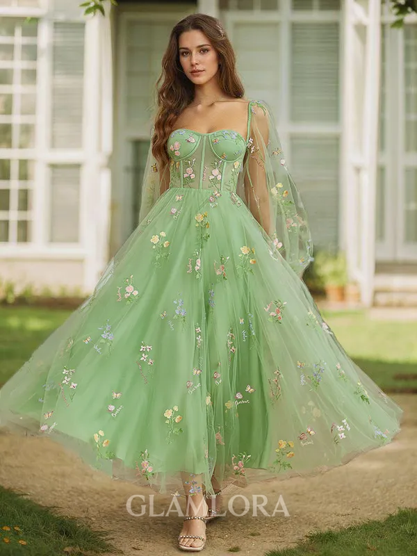 A-line Timeless Sweetheart Long Sleeves Lace Corset Tea-Length Homecoming Dress With Flower