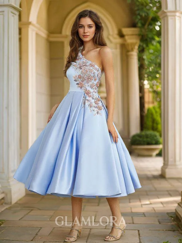 Cute Ball-Gown One-Shoulder Satin Tea-Length Homecoming Dress With Flower