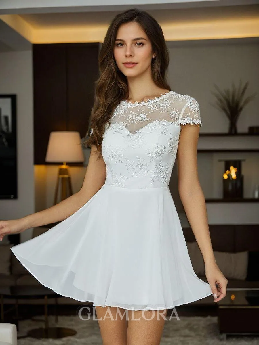 Chic A-line Illusion Short Sleeves Chiffon Short/Mini Homecoming Dress With Appliques Lace