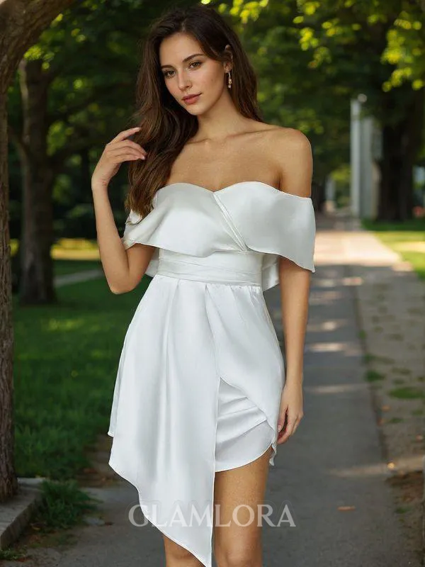 Sheath/Column Straight-cut Off-the-Shoulder Silk like Satin Short/Mini Homecoming Dress With Ruffles