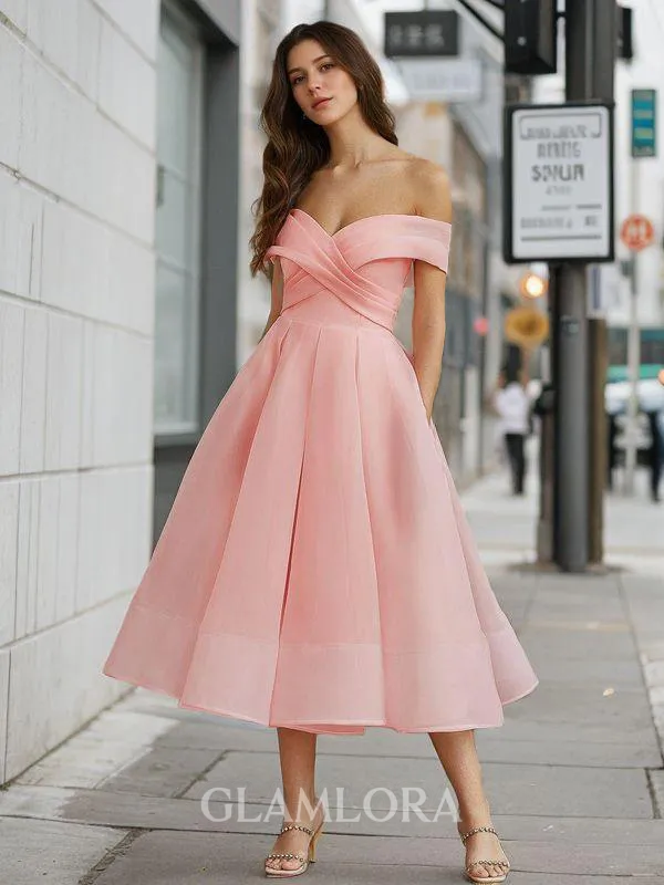 Stylish A-line Off-the-Shoulder Organza Tea-Length Homecoming Dress With Pockets