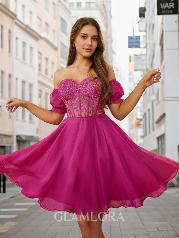 Delicate A-line Sweetheart Short Sleeves 30D Chiffon Corset Convertible Short/Mini Homecoming Dress With Applique