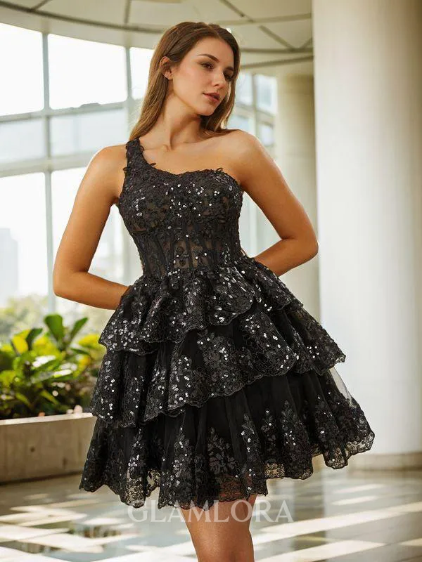 Ball-Gown Elegant One-Shoulder Tulle Corset Short/Mini Homecoming Dress With Appliques Lace