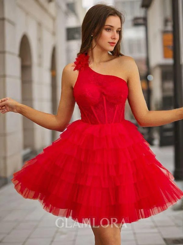 Glam Ball-Gown One-Shoulder Tulle Corset Short/Mini Homecoming Dress With Appliques Lace