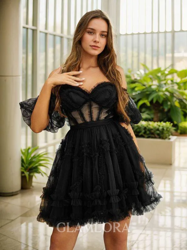 Balanced A-line Off-the-Shoulder Short Sleeves Tulle Corset Short/Mini Homecoming Dress With Ruffles