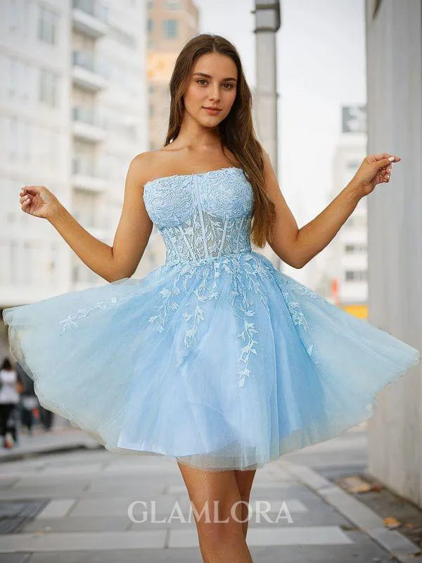 A-line Chic Strapless Tulle Corset Short/Mini Homecoming Dress With Appliques Lace