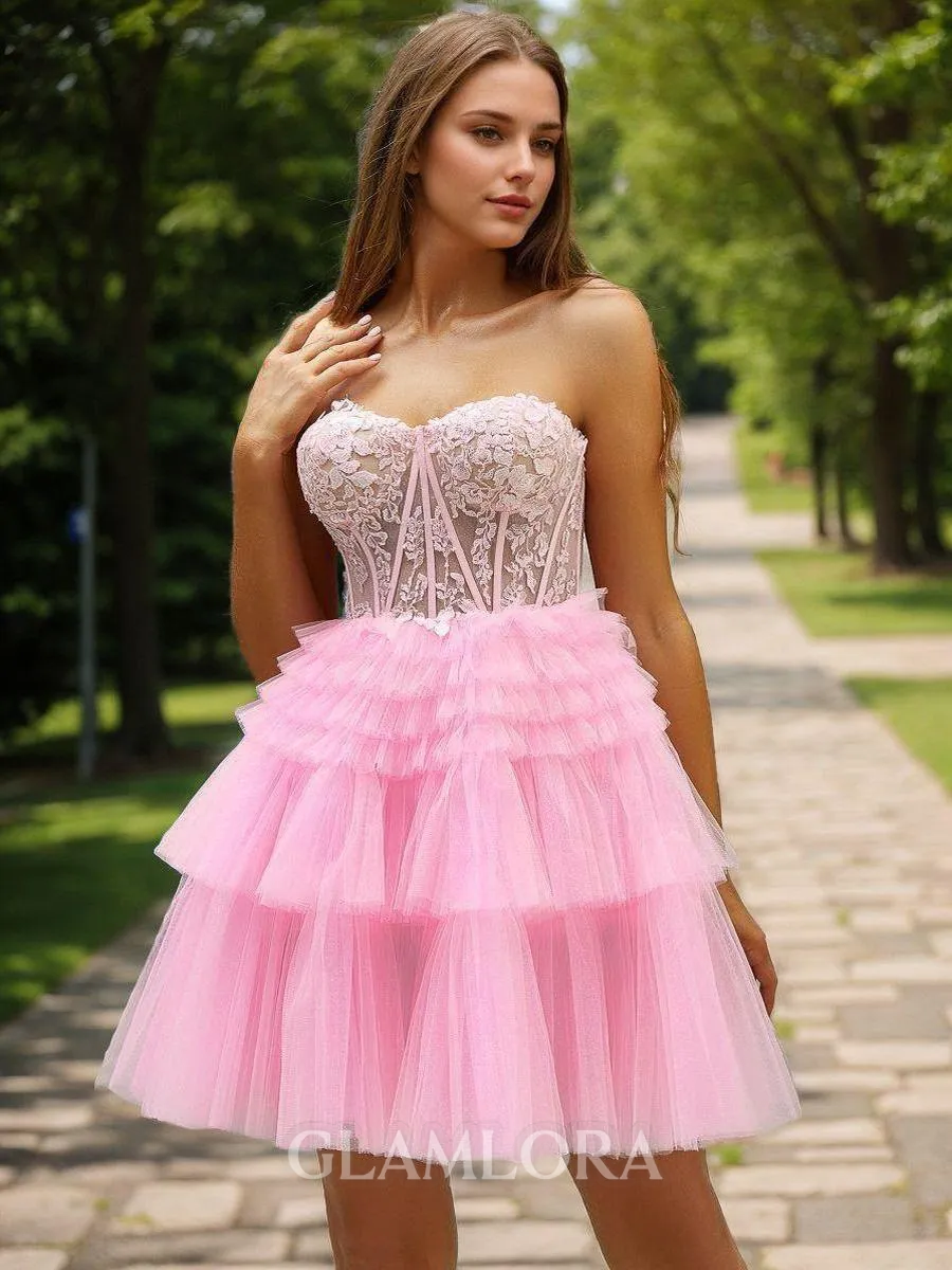 Ball-Gown Flowy Sweetheart Tulle Corset Short/Mini Homecoming Dress With Appliques Lace
