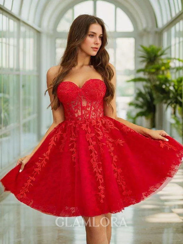 A-line Charming Sweetheart Tulle Corset Short/Mini Homecoming Dress With Appliques Lace