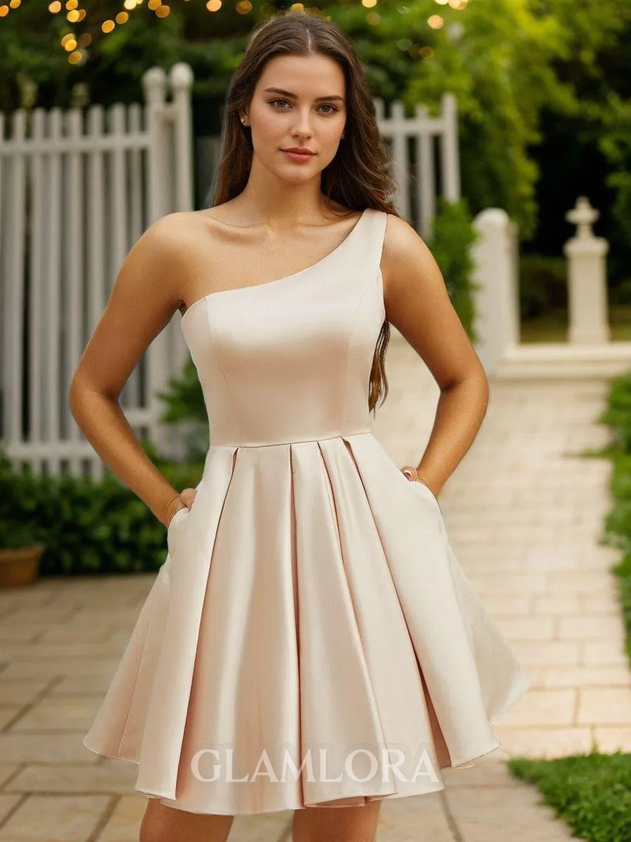 Stunning A-line One-Shoulder Satin Short/Mini Homecoming Dress With Pockets