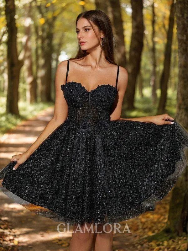 A-line Dreamy Spaghetti Straps Tulle Corset Short/Mini Homecoming Dress With Appliques Lace