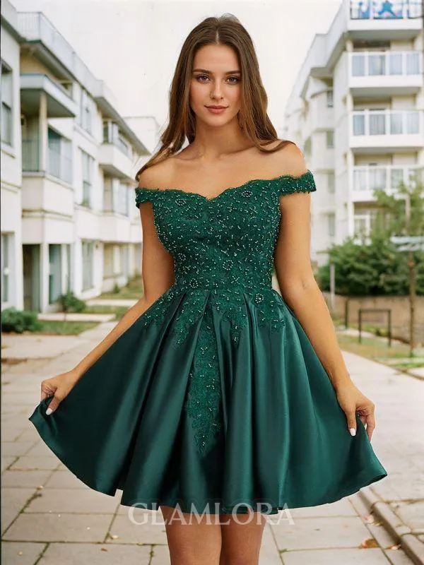 Opulent Ball-Gown Off-the-Shoulder Satin Short/Mini Homecoming Dress With Beading