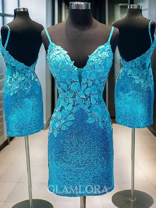 Sheath/Column Slinky V-neck Sequins Short/Mini Homecoming Dress With Appliques Lace