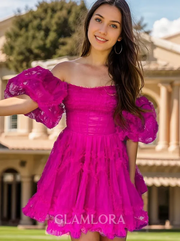A-line Perfect Straight Short Sleeves Tulle Corset Short/Mini Homecoming Dress With Ruffles