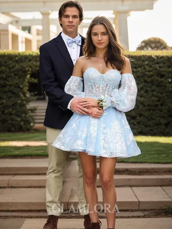 A-line Unique Sweetheart Long Sleeves Lace Corset Short/Mini Homecoming Dress With Appliques Lace