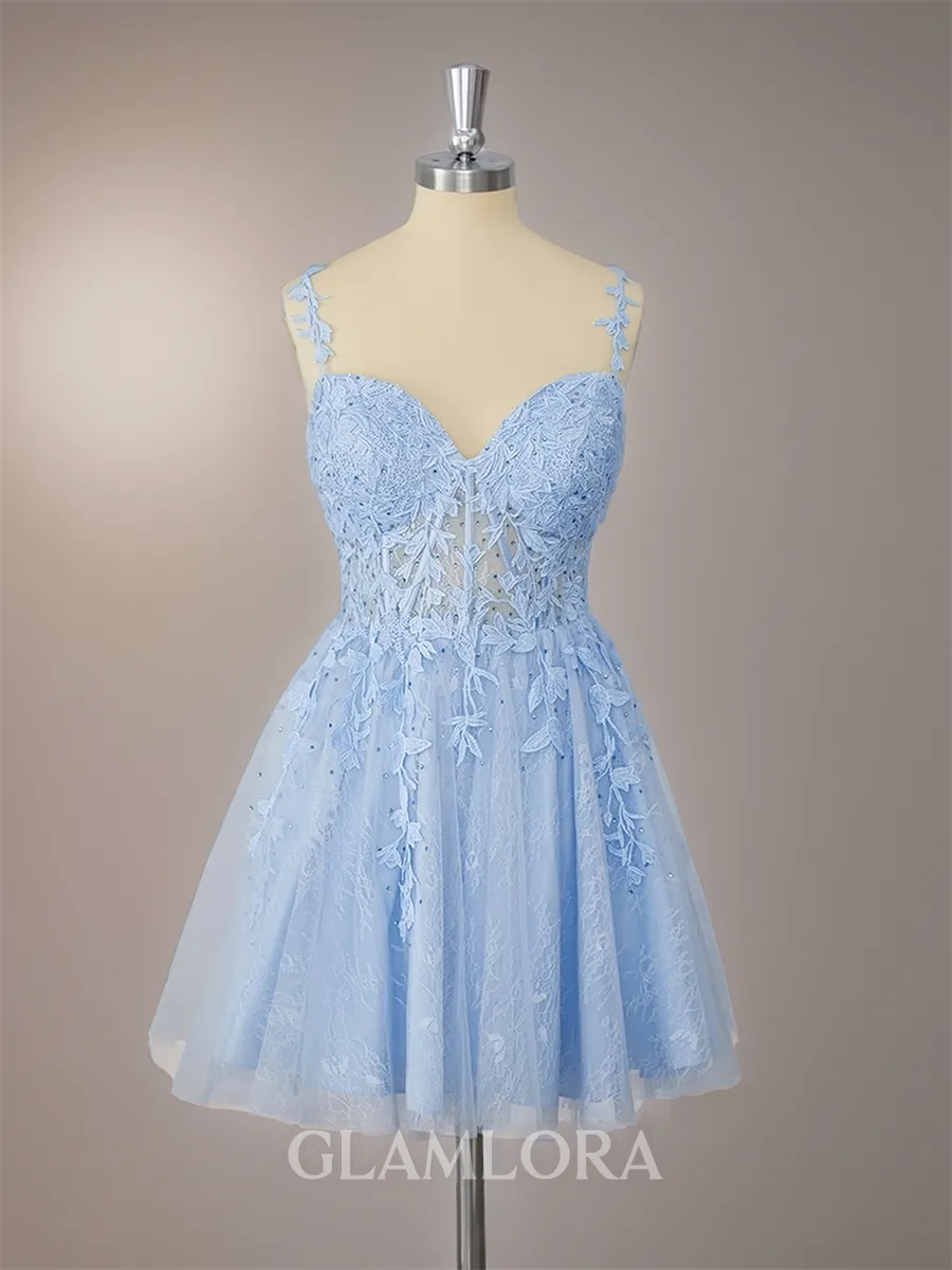 A-line Fashion Spaghetti Straps Tulle Corset Short/Mini Homecoming Dress With Appliques Lace
