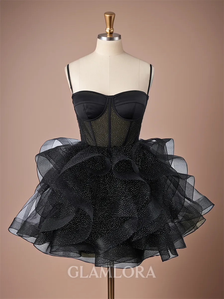 Elegant A-line Spaghetti Straps Satin Corset Short/Mini Homecoming Dress With Cascading Ruffles
