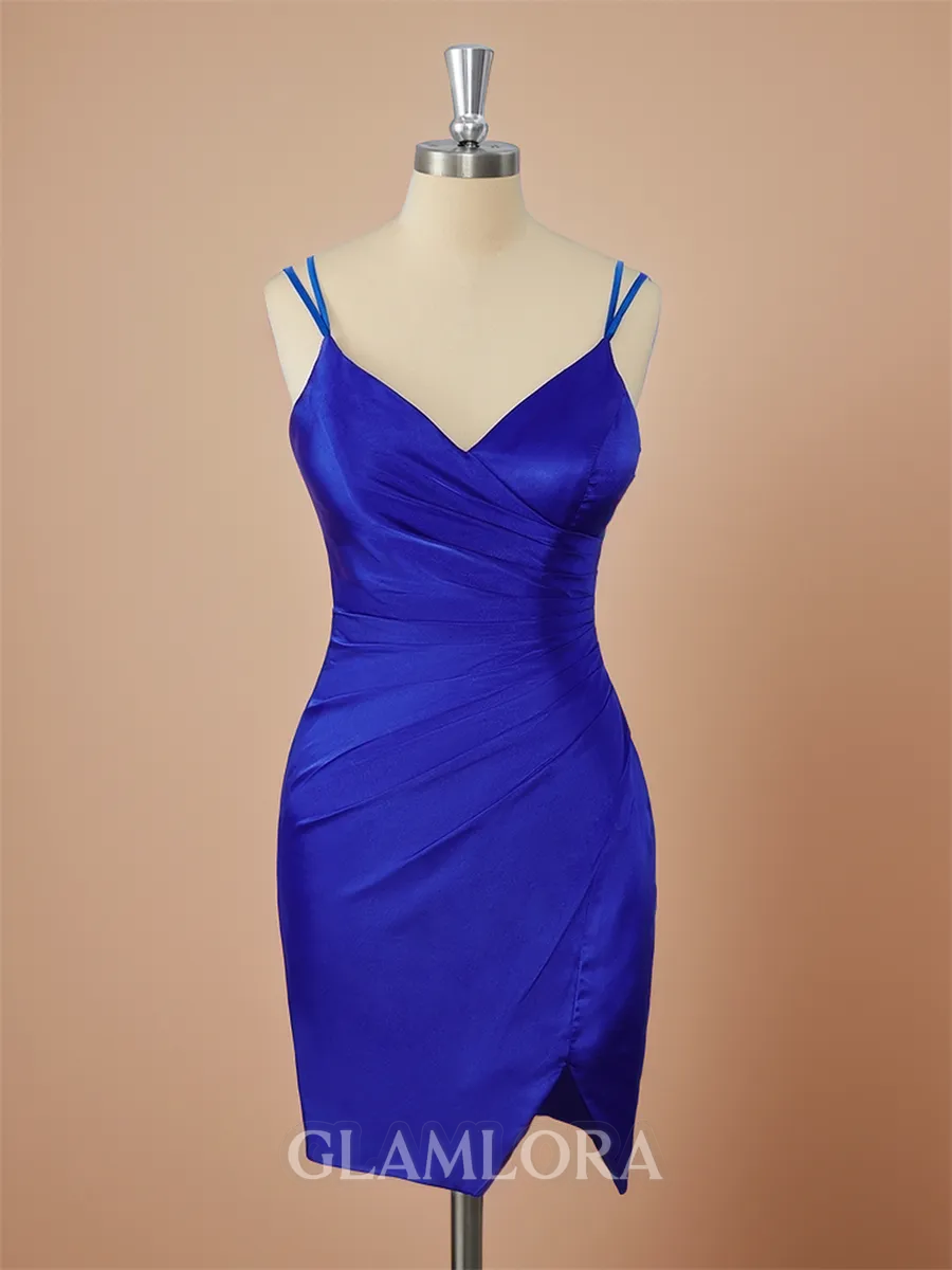 Sheath/Column Stylish V-neck Silk Like Satin Short/Mini Homecoming Dress With Slit