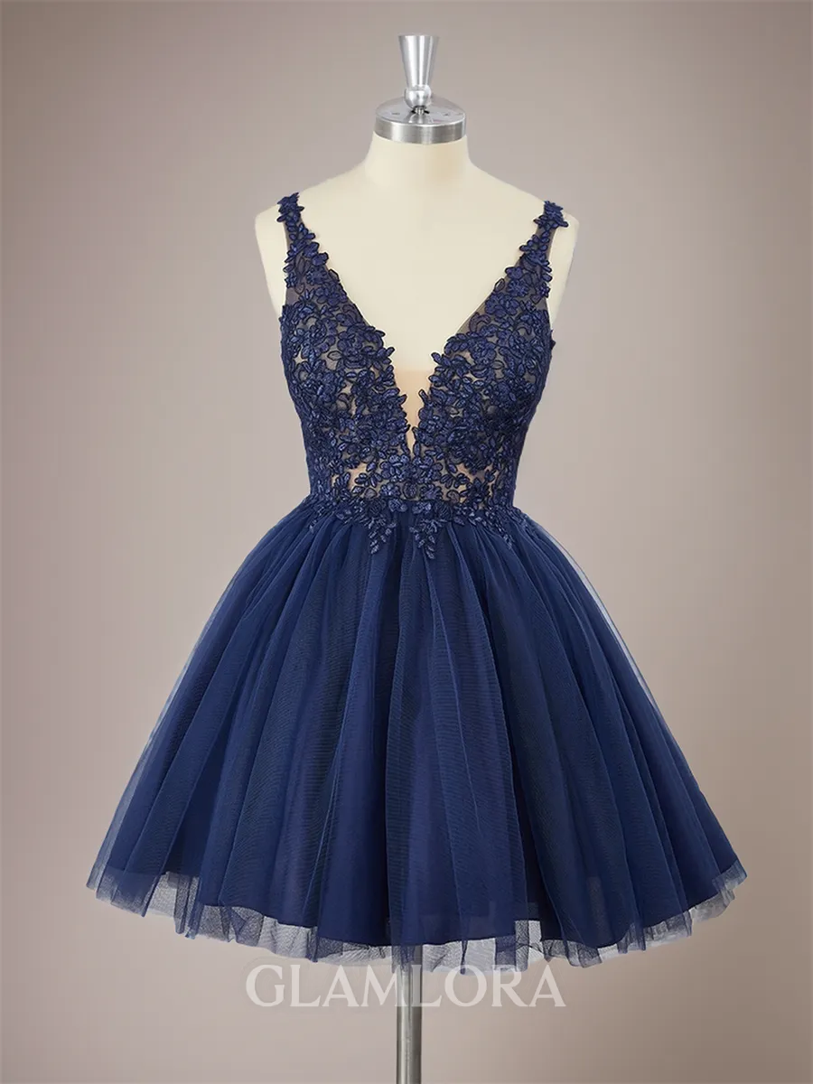 Feminine A-line V-neck Tulle Short/Mini Homecoming Dress With Appliques Lace