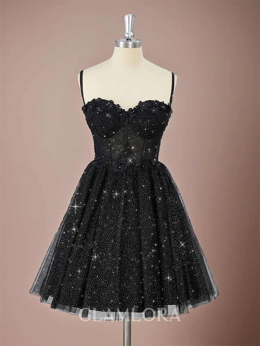 A-line Dreamy Spaghetti Straps Tulle Corset Short/Mini Homecoming Dress With Appliques Lace