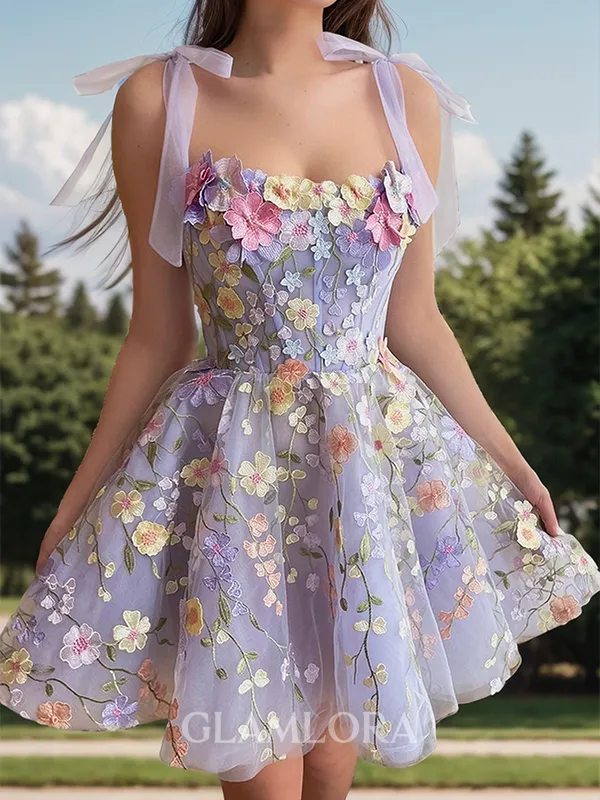 A-line Trendy Straps Tulle Corset Short/Mini Homecoming Dress With Appliques Lace