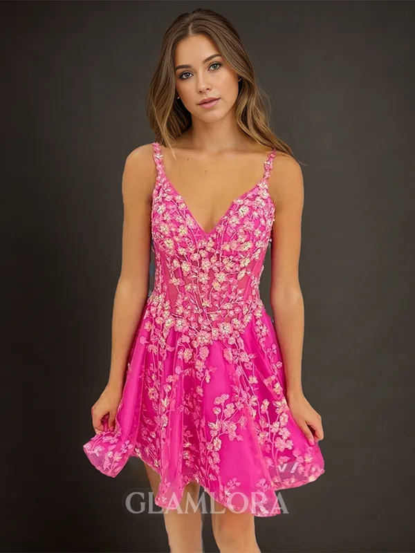 A-line Pretty V-neck Tulle Corset Short/Mini Homecoming Dress With Appliques Lace