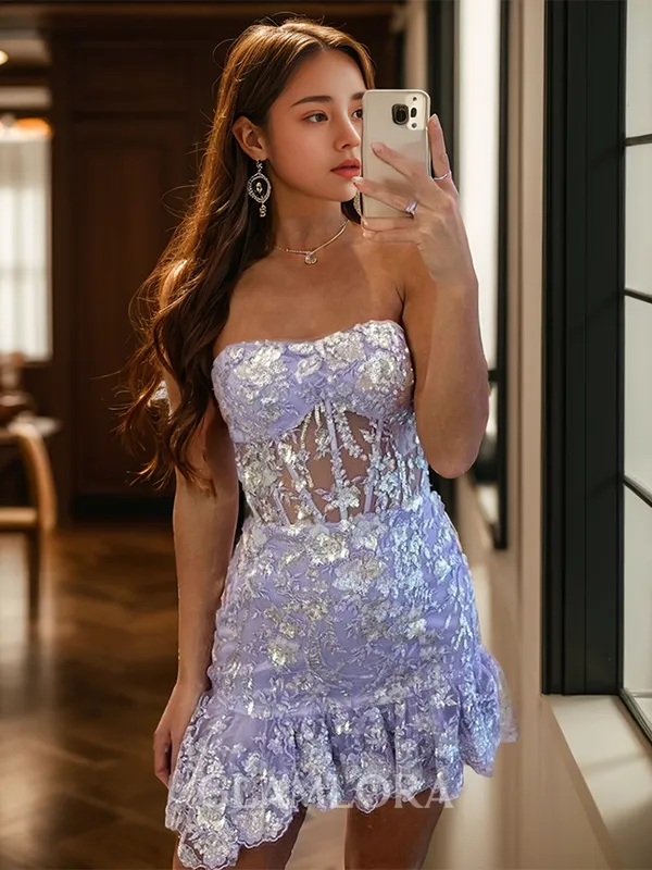 Sheath/Column Flattering Straight Tulle Corset Short/Mini Homecoming Dress With Sequin