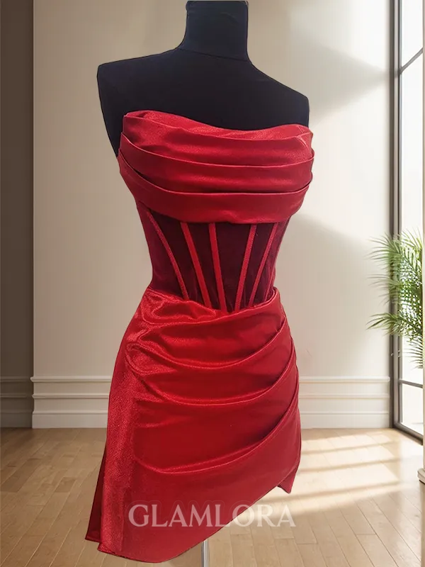 Sheath/Column Polished Straight Silk like Satin Corset Short/Mini Homecoming Dress With Pleated