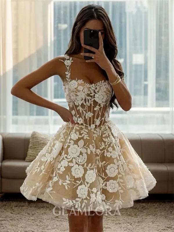 A-line Dazzling Straps Lace Corset Short/Mini Homecoming Dress With Sequin