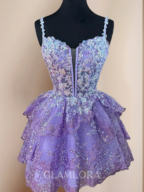 A-line Graceful Spaghetti Straps Lace Corset Short/Mini Homecoming Dress With Appliques Lace