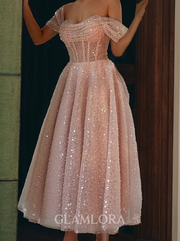 A-line Timeless Off-the-Shoulder Corset Ankle-Length Homecoming Dress With Pleated