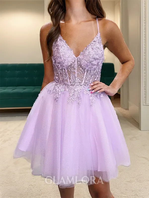 A-line Feminine V-neck Tulle Corset Short/Mini Homecoming Dress With Appliques Lace