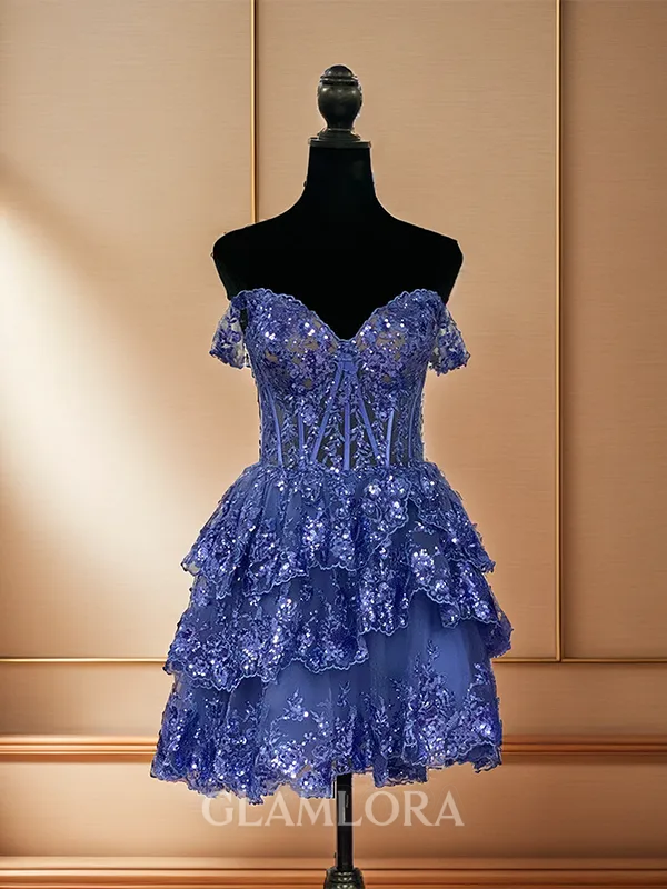 A-line Balanced Off-the-Shoulder Tulle Corset Short/Mini Homecoming Dress With Appliques Lace