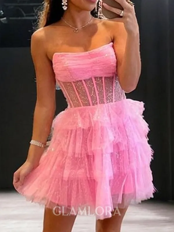 Unique A-line Straight Cascading Ruffles Short/Mini Tulle Corset Homecoming Dress