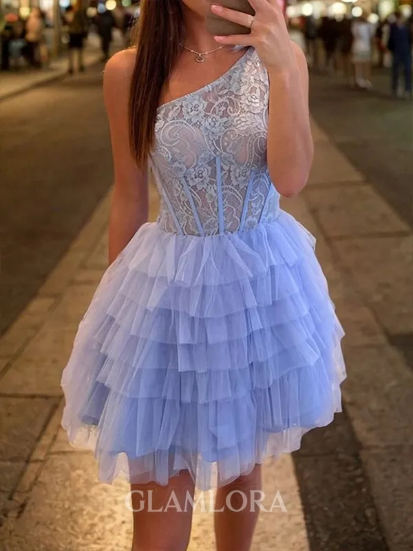 Hot A-line One-Shoulder Cascading Ruffles Short/Mini Tulle Corset Homecoming Dress