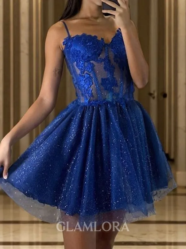 Exquisite A-line Spaghetti Straps Appliques Lace Short/Mini Tulle Corset Homecoming Dress