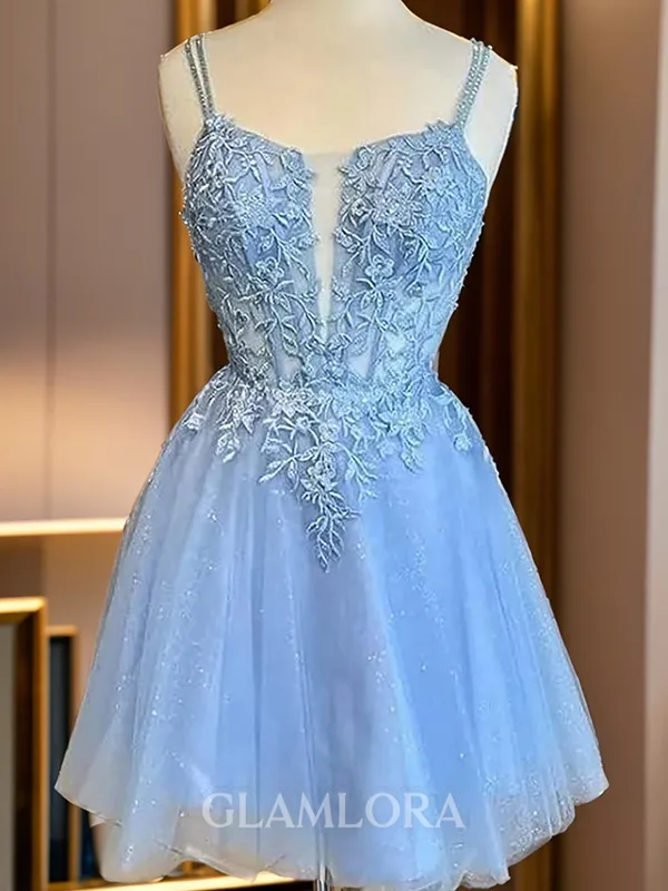 Elegant A-line V-Neck Appliques Lace Short/Mini Tulle Corset Homecoming Dress